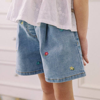 Millie Wide Leg Flower Embroidery Denim Shorts