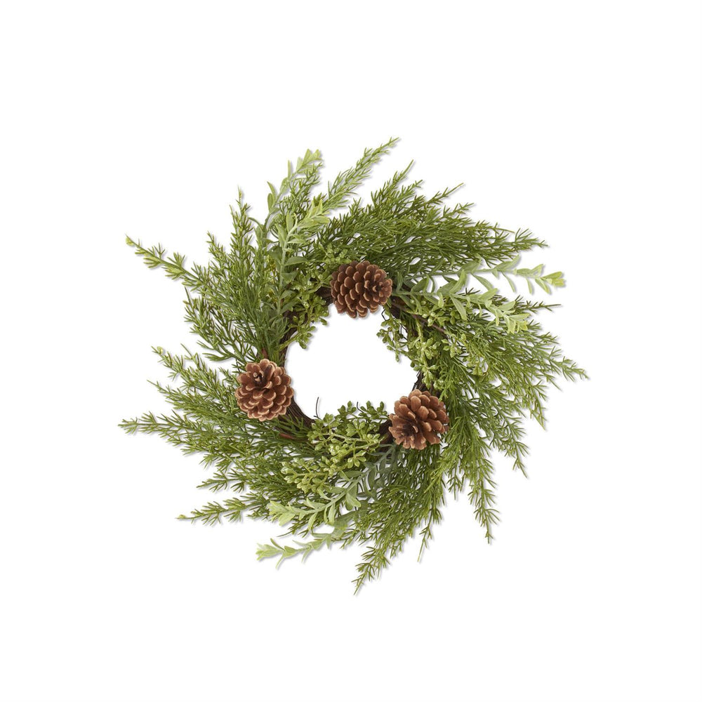 Twig Pine &amp; Myrtle Candle Ring w/Green Berries and Pinecone