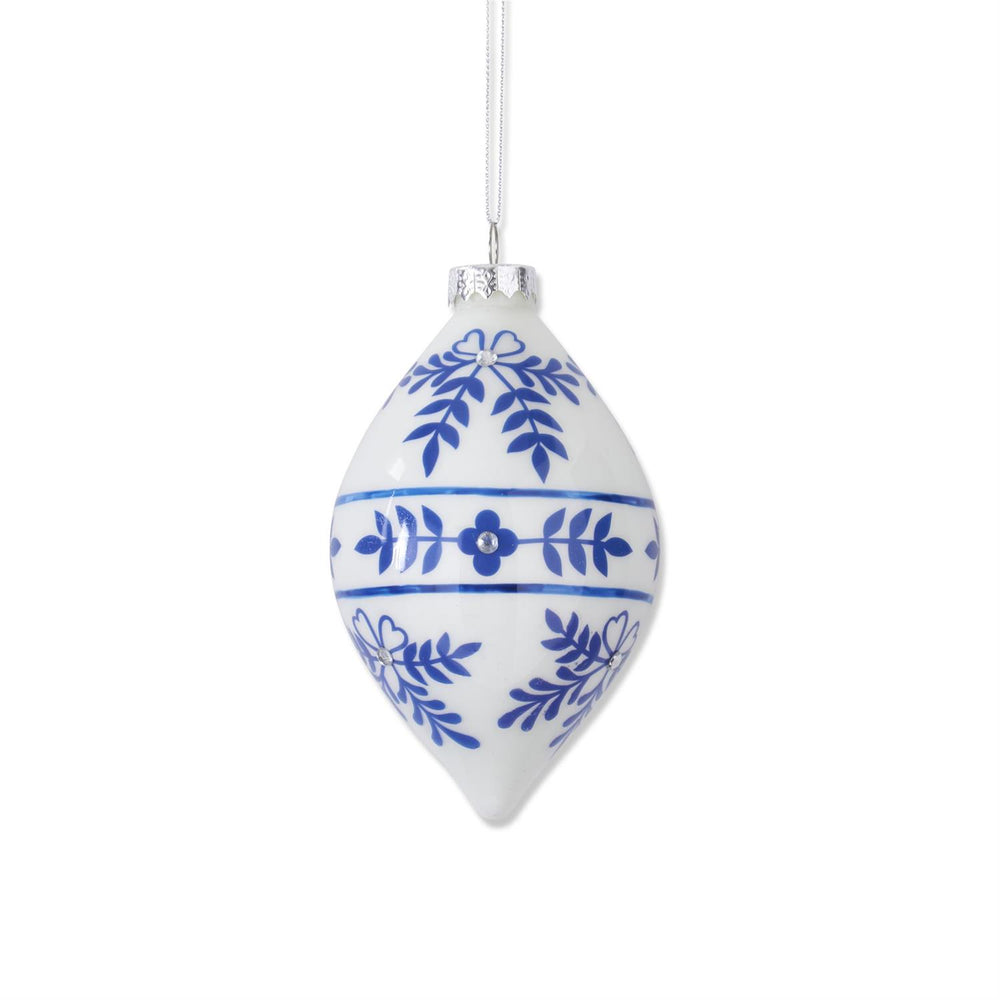 White w/Blue Snowflake Glass Teardrop Ornament