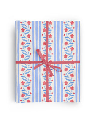 Red White and Blue Stripe Floral Botanical Wrapping Paper